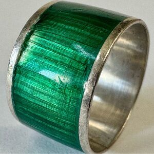 Vintage SIAM 925 Sterling Silver Emerald Green and Silver WIDE Band Ring estate